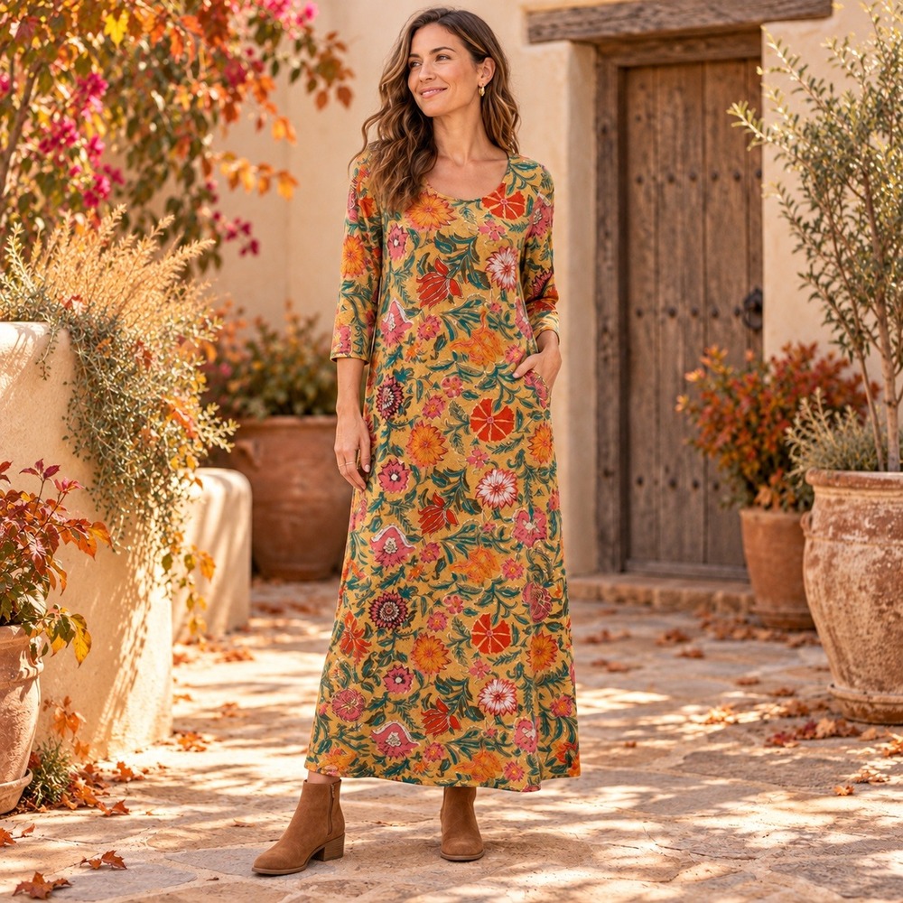 Natural Life Lottie Sweater Knit Maxi Dress XS Mustard Floral 3/4 Sleeve Boho